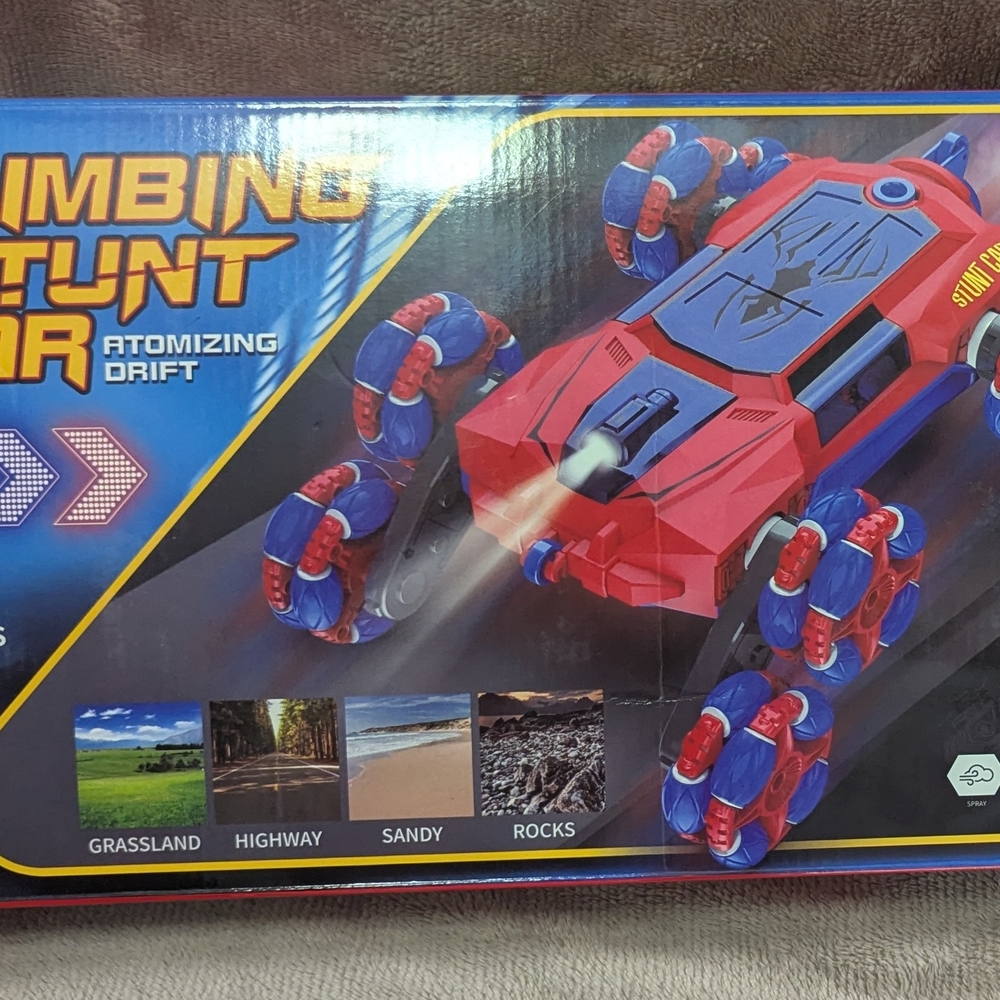 Red and Blue Stunt Climber Toy Car with Multi-Wheel Design
